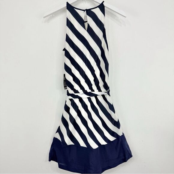 Express Navy Blue Cream Diagonal Stripe Sashed Nautical Coastal Halter Dress NEW - Picture 8 of 16